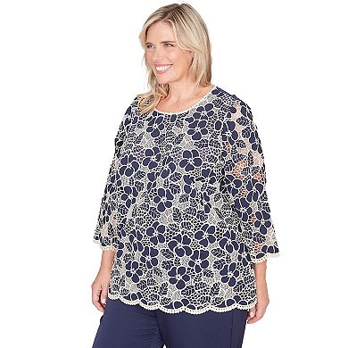 Plus Size Alfred Dunner Floral Lace Trim Soft Knit Top