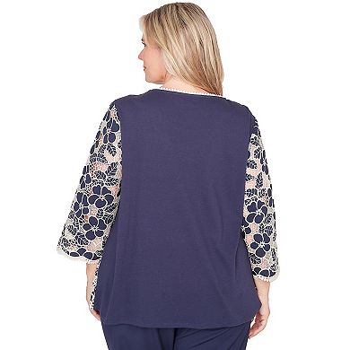Plus Size Alfred Dunner Floral Lace Trim Soft Knit Top