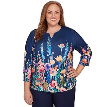 Plus Size Alfred Dunner Vertical Floral Border Knit Top