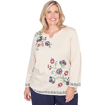 Plus Size Alfred Dunner Embroidered Floral Three-Quarter Sleeve Sweater