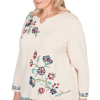 Plus Size Alfred Dunner Embroidered Floral Three-Quarter Sleeve Sweater