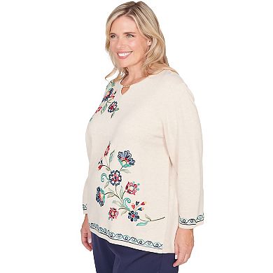 Plus Size Alfred Dunner Embroidered Floral Three-Quarter Sleeve Sweater