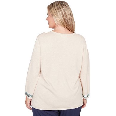 Plus Size Alfred Dunner Embroidered Floral Three-Quarter Sleeve Sweater