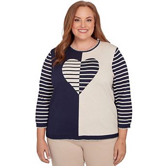 Plus Size Alfred Dunner Heart Motif Detail Striped Sweater