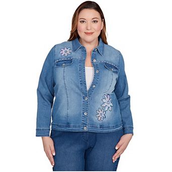 Plus Size Alfred Dunner Floral Applique Detail Denim Jacket