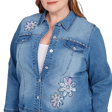 Plus Size Alfred Dunner Floral Applique Detail Denim Jacket