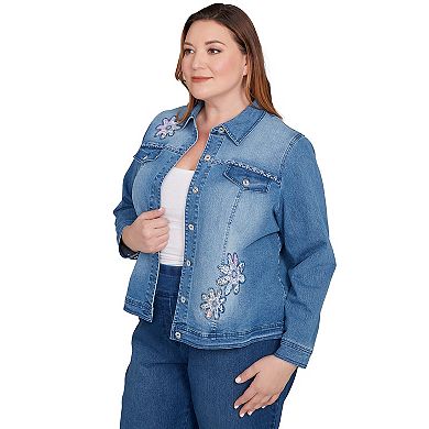 Plus Size Alfred Dunner Floral Applique Detail Denim Jacket