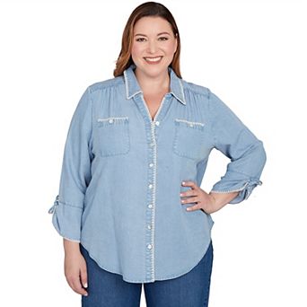 Plus Size Alfred Dunner Blanket Stitch Trim Button-Front Top