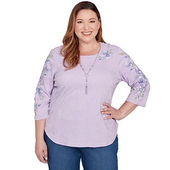 Plus Size Alfred Dunner Embroidered Sleeve Textured Top with Necklace