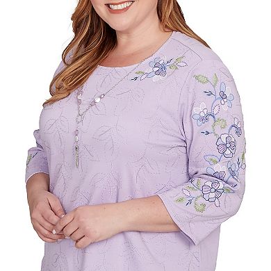 Plus Size Alfred Dunner Embroidered Sleeve Textured Top with Necklace