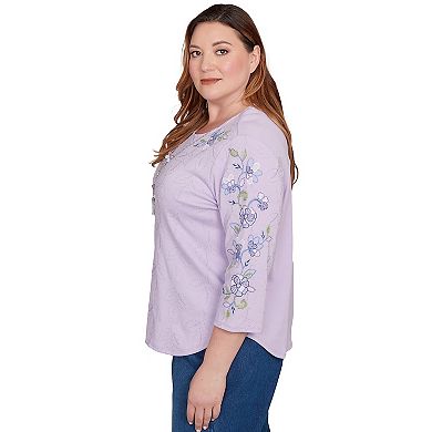 Plus Size Alfred Dunner Embroidered Sleeve Textured Top with Necklace