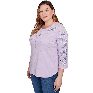 Plus Size Alfred Dunner Embroidered Sleeve Textured Top with Necklace