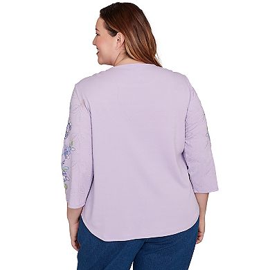 Plus Size Alfred Dunner Embroidered Sleeve Textured Top with Necklace