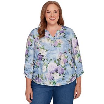 Plus Size Alfred Dunner Denim Floral Applique Henley Top