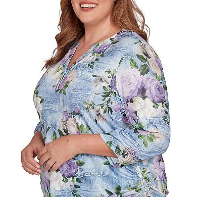 Plus Size Alfred Dunner Denim Floral Applique Henley Top