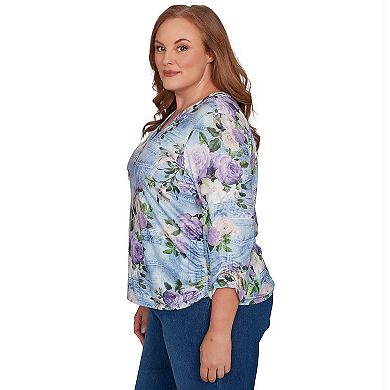 Plus Size Alfred Dunner Denim Floral Applique Henley Top