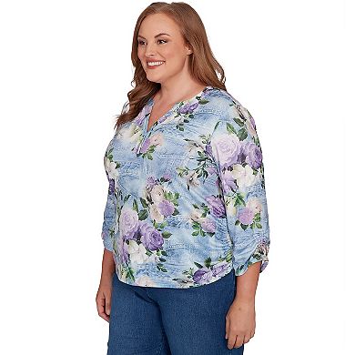 Plus Size Alfred Dunner Denim Floral Applique Henley Top