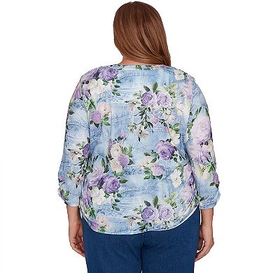 Plus Size Alfred Dunner Denim Floral Applique Henley Top