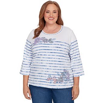 Plus Size Alfred Dunner Applique Flower Tie Dye Stripe Knit Top