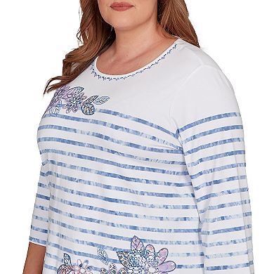 Plus Size Alfred Dunner Applique Flower Tie Dye Stripe Knit Top