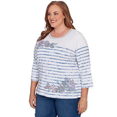 Plus Size Alfred Dunner Applique Flower Tie Dye Stripe Knit Top