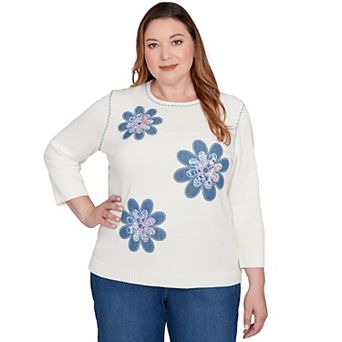 Plus Size Alfred Dunner Quilted Denim Applique Flower Sweater