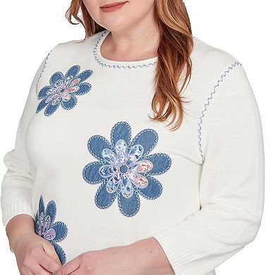 Plus Size Alfred Dunner Quilted Denim Applique Flower Sweater