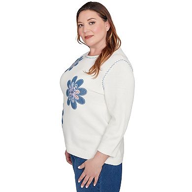 Plus Size Alfred Dunner Quilted Denim Applique Flower Sweater
