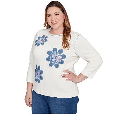 Plus Size Alfred Dunner Quilted Denim Applique Flower Sweater