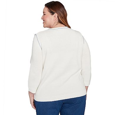 Plus Size Alfred Dunner Quilted Denim Applique Flower Sweater
