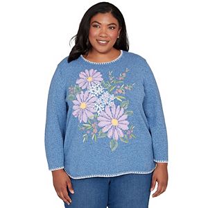 Alfred Dunner Women's Petite Love Embroidered Crewneck Pullover Sweatshirt – Size PM, Navy