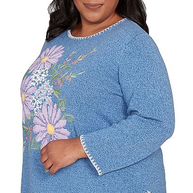 Plus Size Alfred Dunner Cross Stitched Floral Pullover Sweater