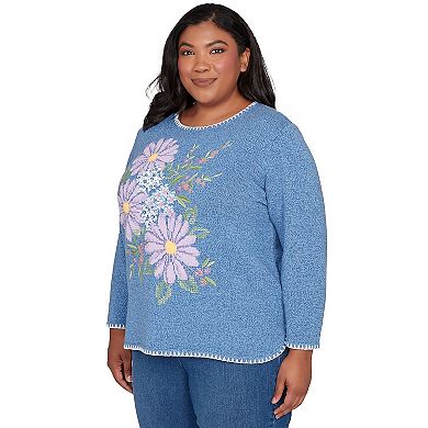 Plus Size Alfred Dunner Cross Stitched Floral Pullover Sweater