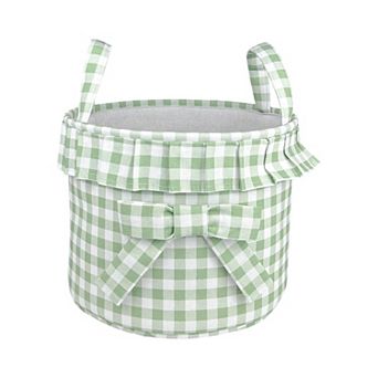 Belle Maison Green Gingham Fabric Basket with Ruffle & Bow Detail