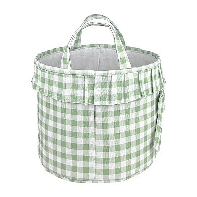 Belle Maison Green Gingham Fabric Basket with Ruffle & Bow Detail