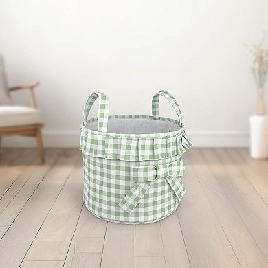 Belle Maison Green Gingham Fabric Basket with Ruffle & Bow Detail