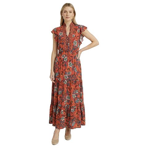 Женские платья London Women's London Times Ruffle Neck Flutter Sleeve Smocked Waist Tiered Maxi Dress