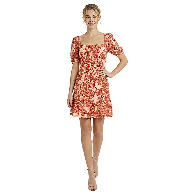 Women's London Times Puff Sleeve Square Neck Smocked Back Short Dress