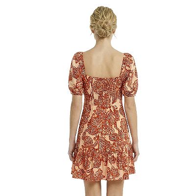 Women's London Times Puff Sleeve Square Neck Smocked Back Short Dress