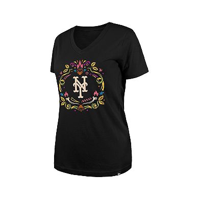 Women's New Era Black New York Mets Día de los Muertos V-Neck T-Shirt