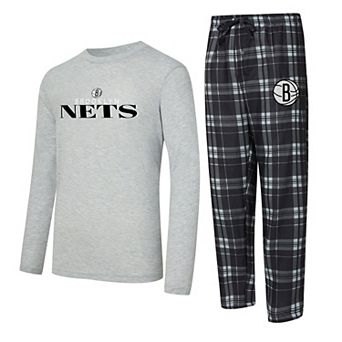 Men's Concepts Sport Black/Heather Gray Brooklyn Nets Regulate Long Sleeve T-Shirt & Plaid Pant Set