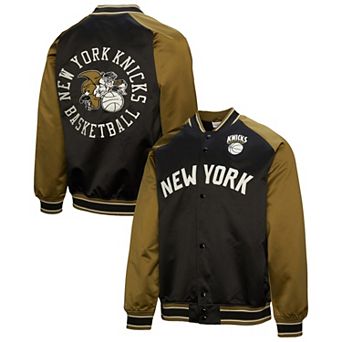 Men's Mitchell & Ness Olive/Black New York Knicks Clutch Satin Raglan Full-Snap Jacket
