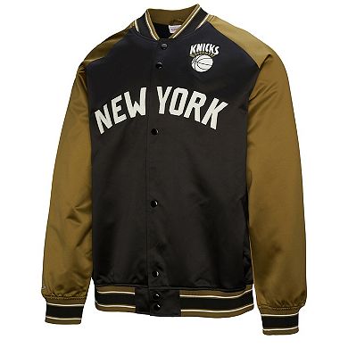 Men's Mitchell & Ness Olive/Black New York Knicks Clutch Satin Raglan Full-Snap Jacket