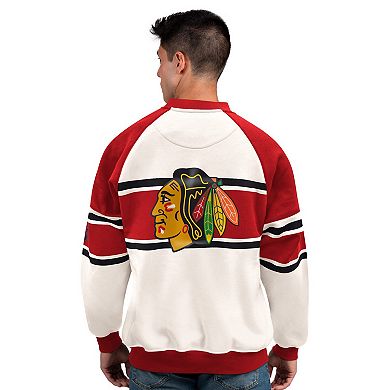 Men's Starter White Chicago Blackhawks Defense Fleece Crewneck Sweatshirt