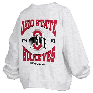 Women's Pressbox Oatmeal Ohio State Buckeyes Waist Length Oversized Janise Melange Sweatshirt