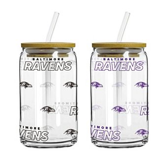 Logo Brands Baltimore Ravens 16oz. Step And Repeat Glass Can with Lid & Straw 2-Pack
