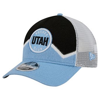 Men's New Era Light Blue/Black Utah Mammoth Hockey Sock 9FORTY A-Frame M-Crown Adjustable Trucker Hat