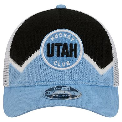 Men's New Era Light Blue/Black Utah Mammoth Hockey Sock 9FORTY A-Frame M-Crown Adjustable Trucker Hat