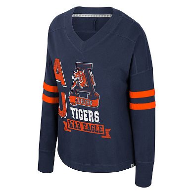 Women's Colosseum Navy Auburn Tigers Oversized Violet Distressed V-Neck Long Sleeve T-Shirt