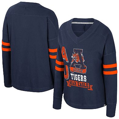 Women's Colosseum Navy Auburn Tigers Oversized Violet Distressed V-Neck Long Sleeve T-Shirt